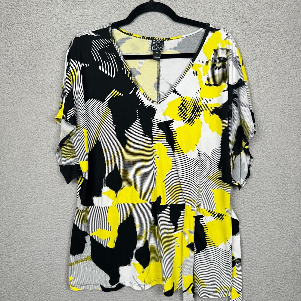 Clara Sunwoo Top Womens 1X Black Yellow Abstract Artsy Stretch‎ Tie Waist Blouse - Picture 2 of 11